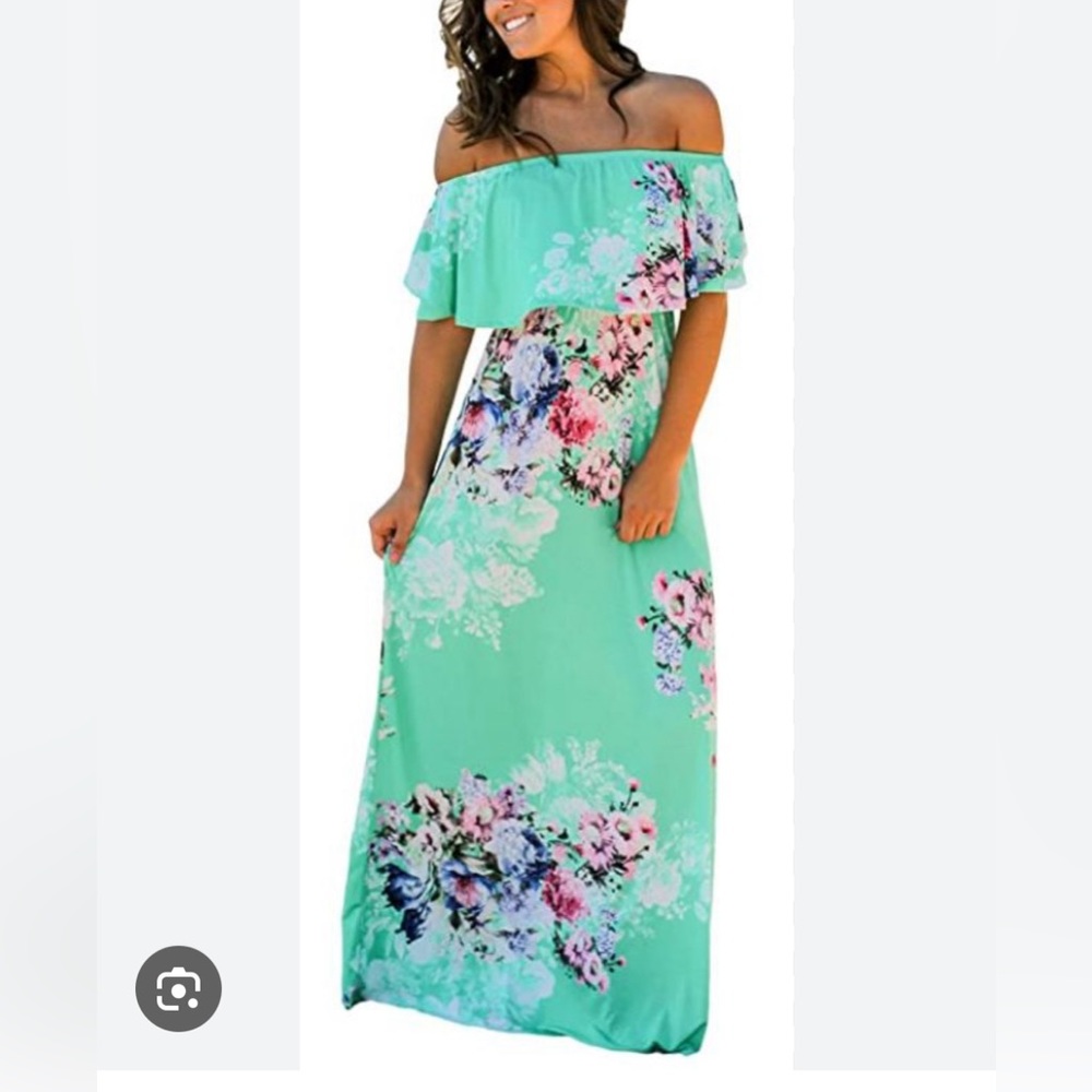 NEW Off shoulder maxi dress teal with Pink floral size small